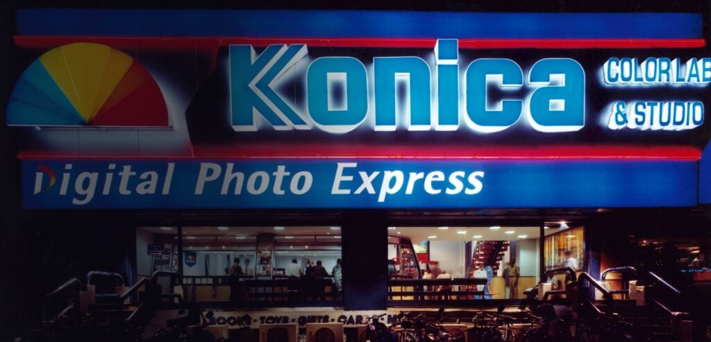 Konica Color Lab store front in Nungambakkam, Chennai, at night